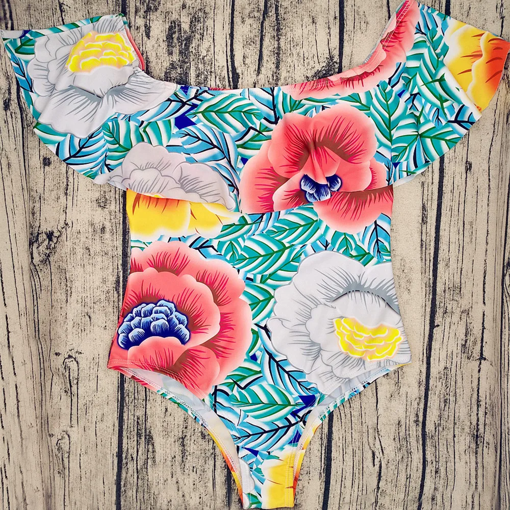 2020 Новый Для женщин с открытыми плечами Одна деталь купальник оборками цветочный