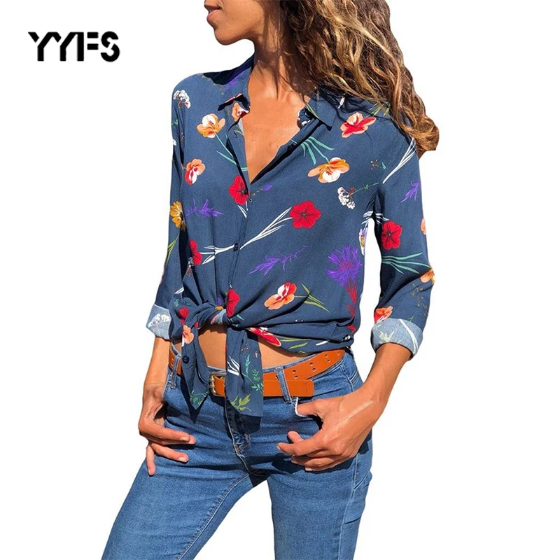 

YYFS Women Blouses printing Flower Shirt Fashion Long Sleeve Turn Down Collar Office Shirt Casual Blouse Tops Blusas Femininas