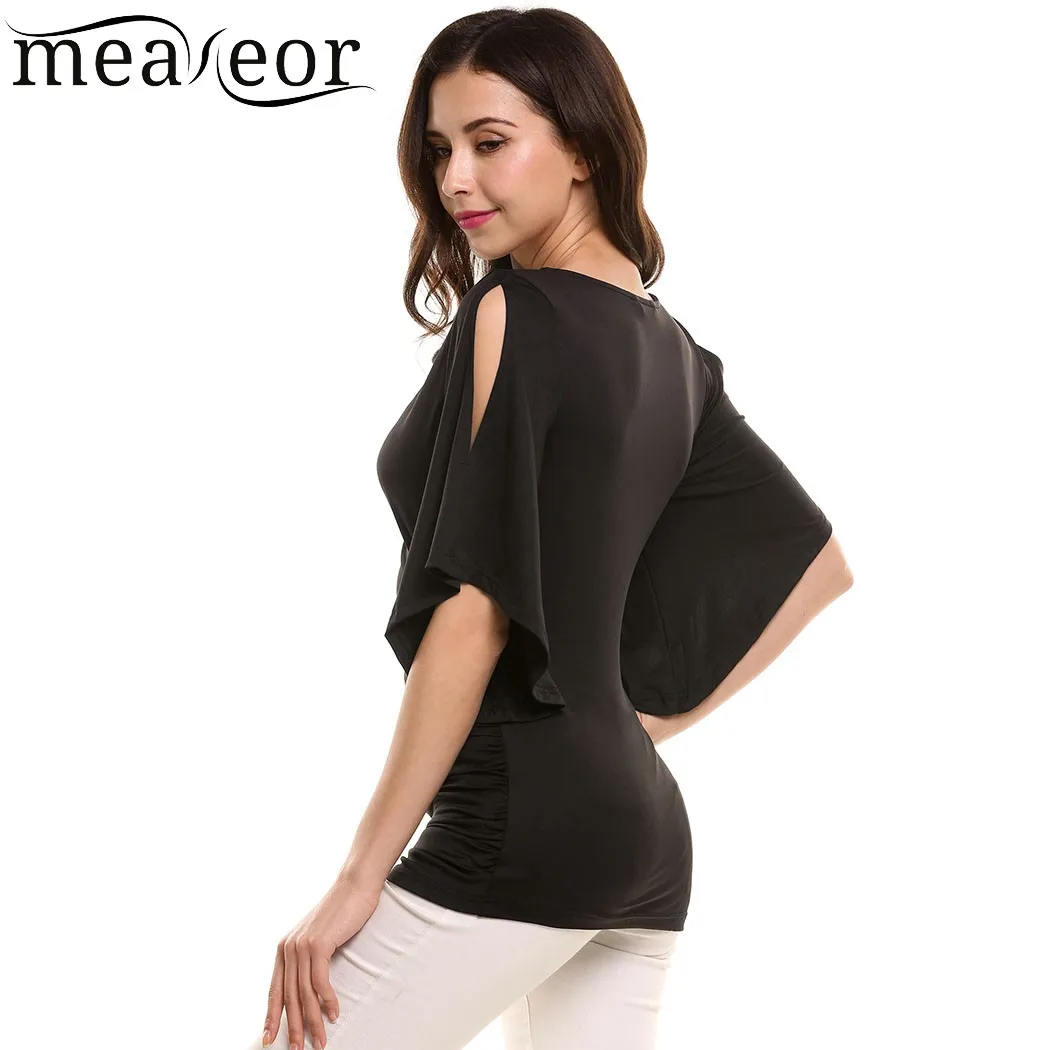 Meaneor Женская Футболка Весна Осень Повседневная однотонная с открытыми плечами