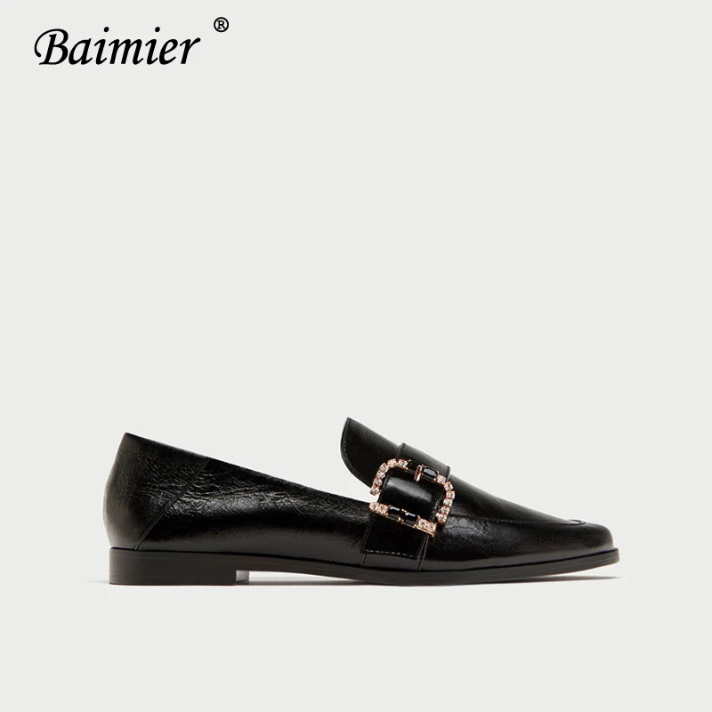 Black Loafers Baimier/; роскошные женские лоферы из натуральной кожи с золотыми пряжками и кристаллами; повседневная женская обувь на плоской подошве без застежки; женская обувь из мягкой кожи - Цвет: Black Loafers