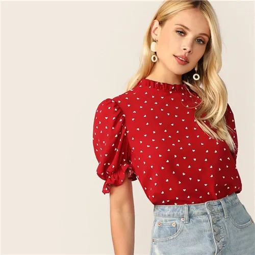 Красный Dotfashion, красный топ с воланами на шее, с пышными рукавами, с принтом конфетти, сердце, для женщин,, летняя элегантная одежда с коротким рукавом, модная блузка - Цвет: Красный