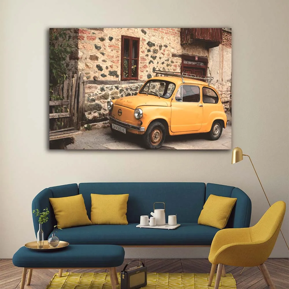 Retro Yellow car on road Vehicle wall picture artwork canvas painting art HD printed poster wood frame plaque for living room | Дом и сад