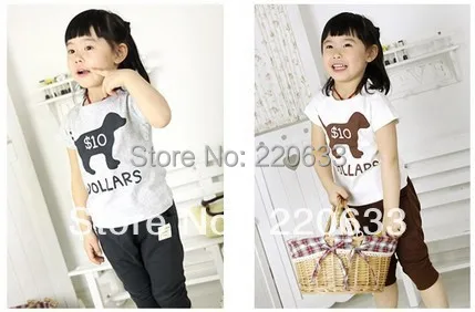 

2014 new retail fashion 2 color children/kids summer clothing short sleeve T-shirt+pants suits Free shipping