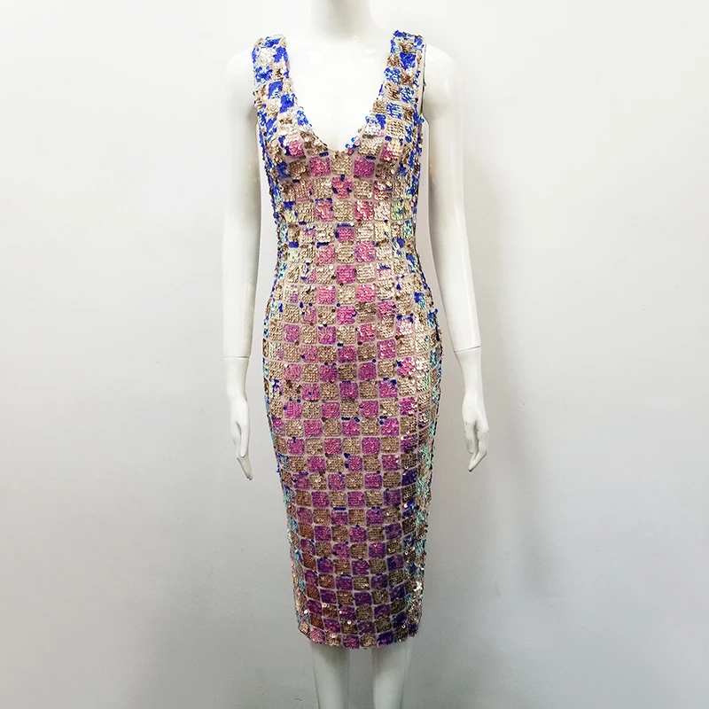 Новинка Женское Платье До Колена с блестками v образным вырезом без рукавов