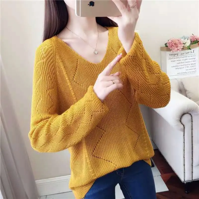 Casual Kintted Sweater Women Sexy V-Neck Long Sleeve Pullovers Thin Hollow Out Geometric Warm Tops 2019 Autumn Women's Sweaters | Женская