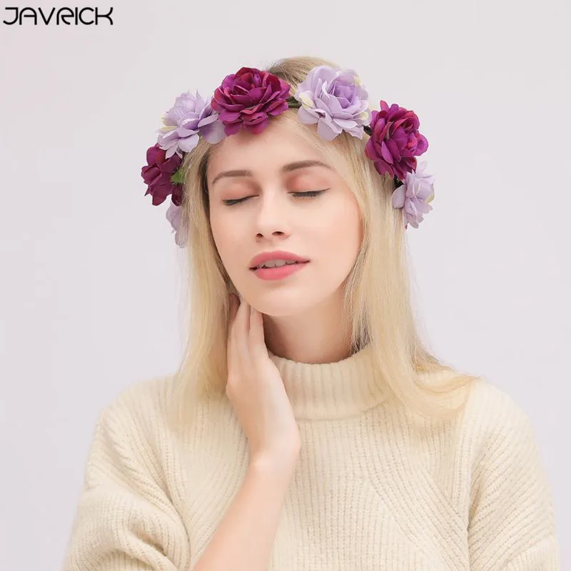 JAVRICK, Женская богемная пляжная повязка-венок, контрастный цвет, искусственный цветок розы, корона, венок для волос, Свадебный ободок для вечеринки