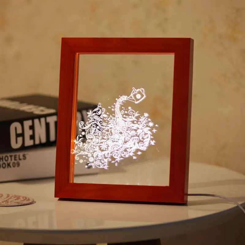 3D свет древесины птица картина Рамки настольная лампа украшения комнаты USB