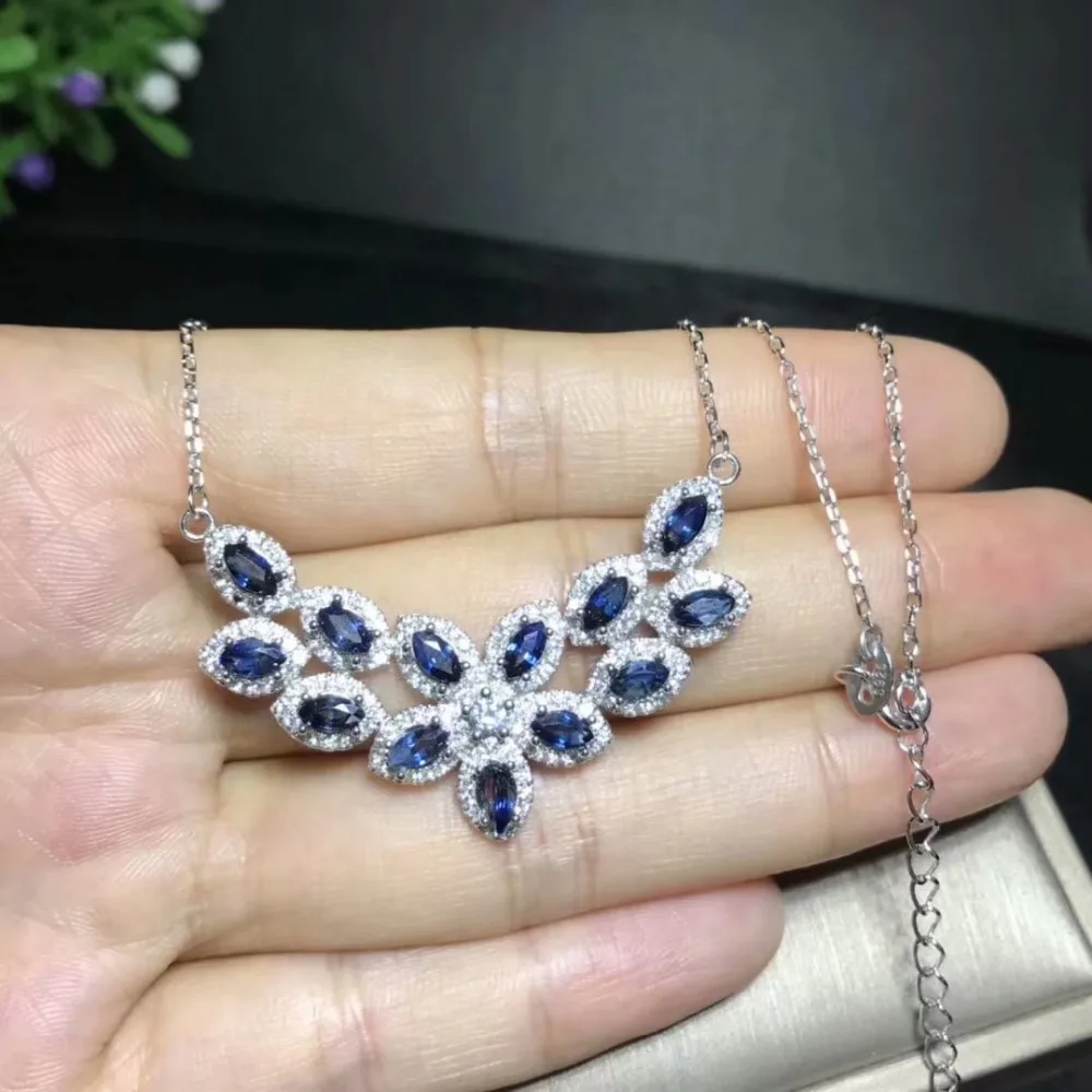 Ожерелье с кулоном из натурального голубого сапфира, серебро 925 пробы, ожерелье с натуральным драгоценным камнем, 2 ряда цветов, женские вечерние украшения в подарок
