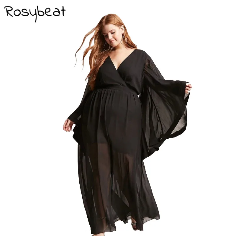 7XL женский Черный Макси Платье Весенняя мода v образным вырезом Sexy Костюмы дамы