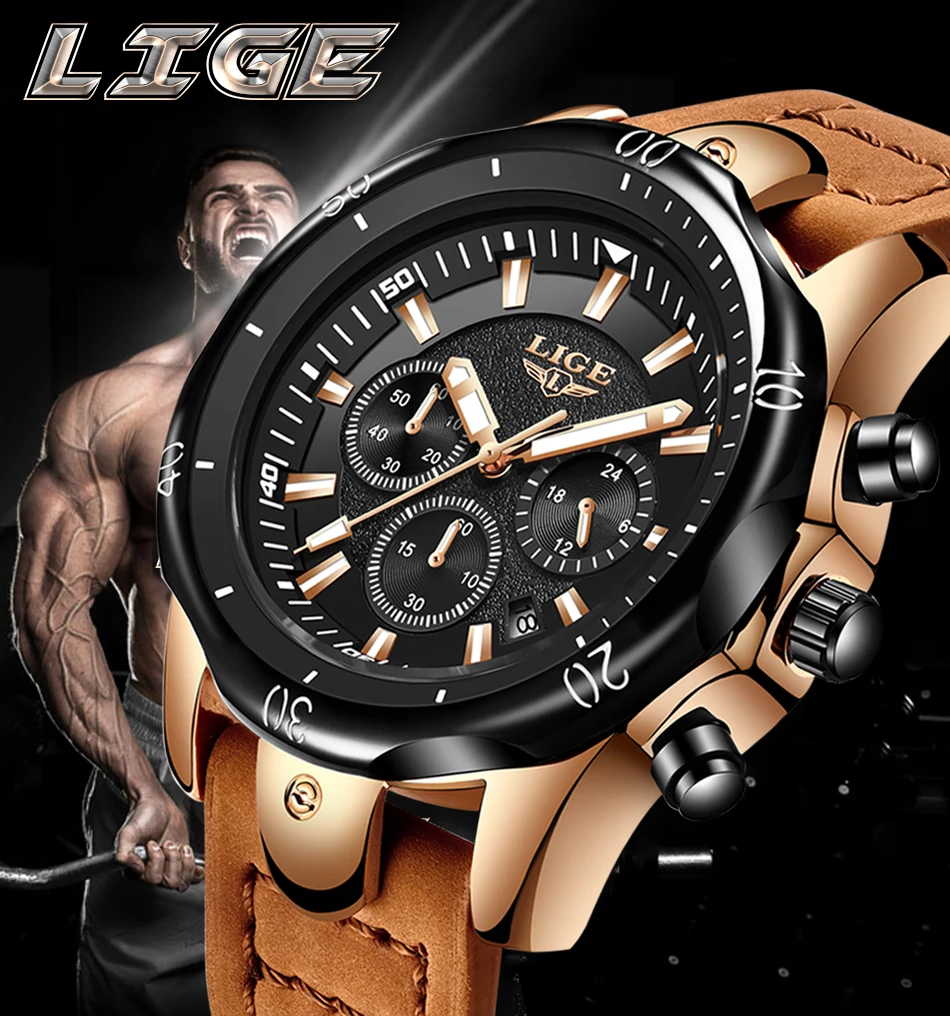 Relojes Hombre, новинка, кварцевые наручные часы LIGE, мужские часы с большим циферблатом, золотые, черные, кожаные часы, мужские спортивные водонепроницаемые часы с хронографом