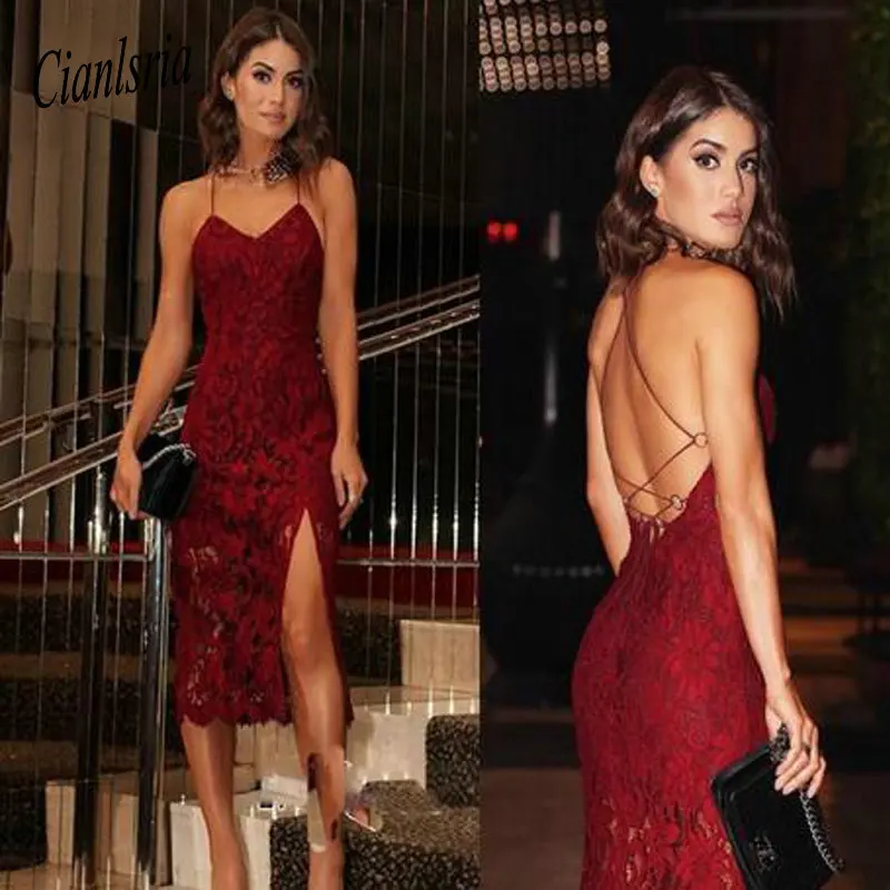 

2020 Sexy Burgundy Lace Homecoming Dresses With Spaghetti Straps Tea Length Cocktail Dresses