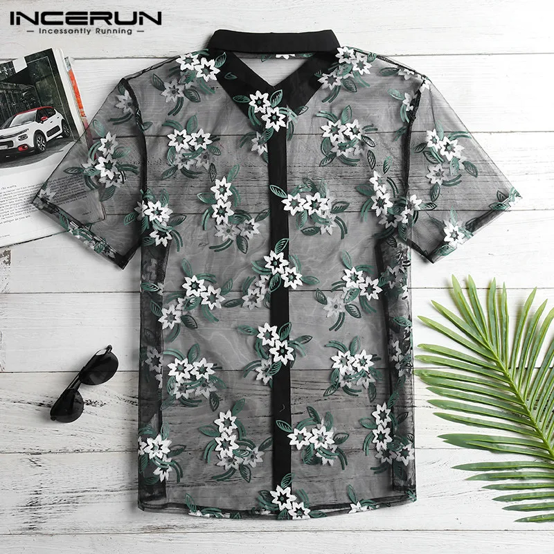 INCERUN Mesh Men Shirt Printing Transparent Sexy Short Sleeve Slim Fit Party Tops See Through Fashion Club Lace Shirts Men