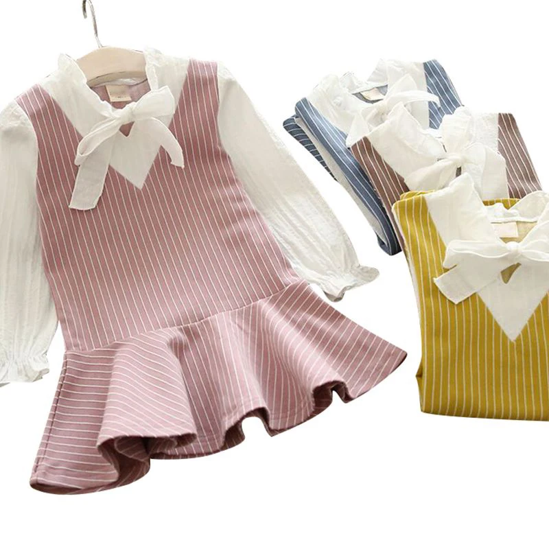Girls Dress Autumn Kids Casual Fake 2 Piece Long Sleeve Striped Print Bowknot Design Baby Children Costume | Детская одежда и