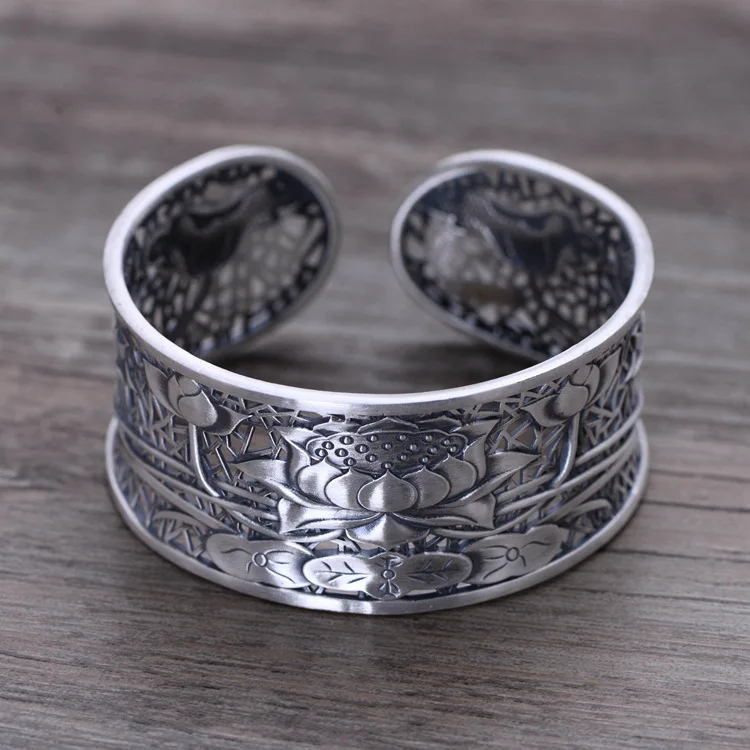 KJJEAXCMY fine jewelry S999 sterling silver retro taiyin hollow-out lotus flower female style bracelets fashion wi | Украшения и