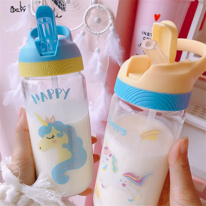 BXLYY 450 мл бутылка для воды Милая Студенческая портативная бутылка со стеклянной пипеткой бутылка для воды спортивный шейкер Единорог вечерние бутылки с декором. 75z