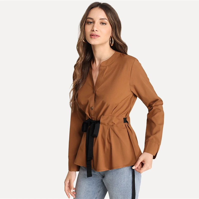 Dotfashion Camel, Женская однотонная блузка с завязками на талии, топы и блузки с длинным рукавом, v-образный вырез,, осенняя одежда, рубашка с планкой