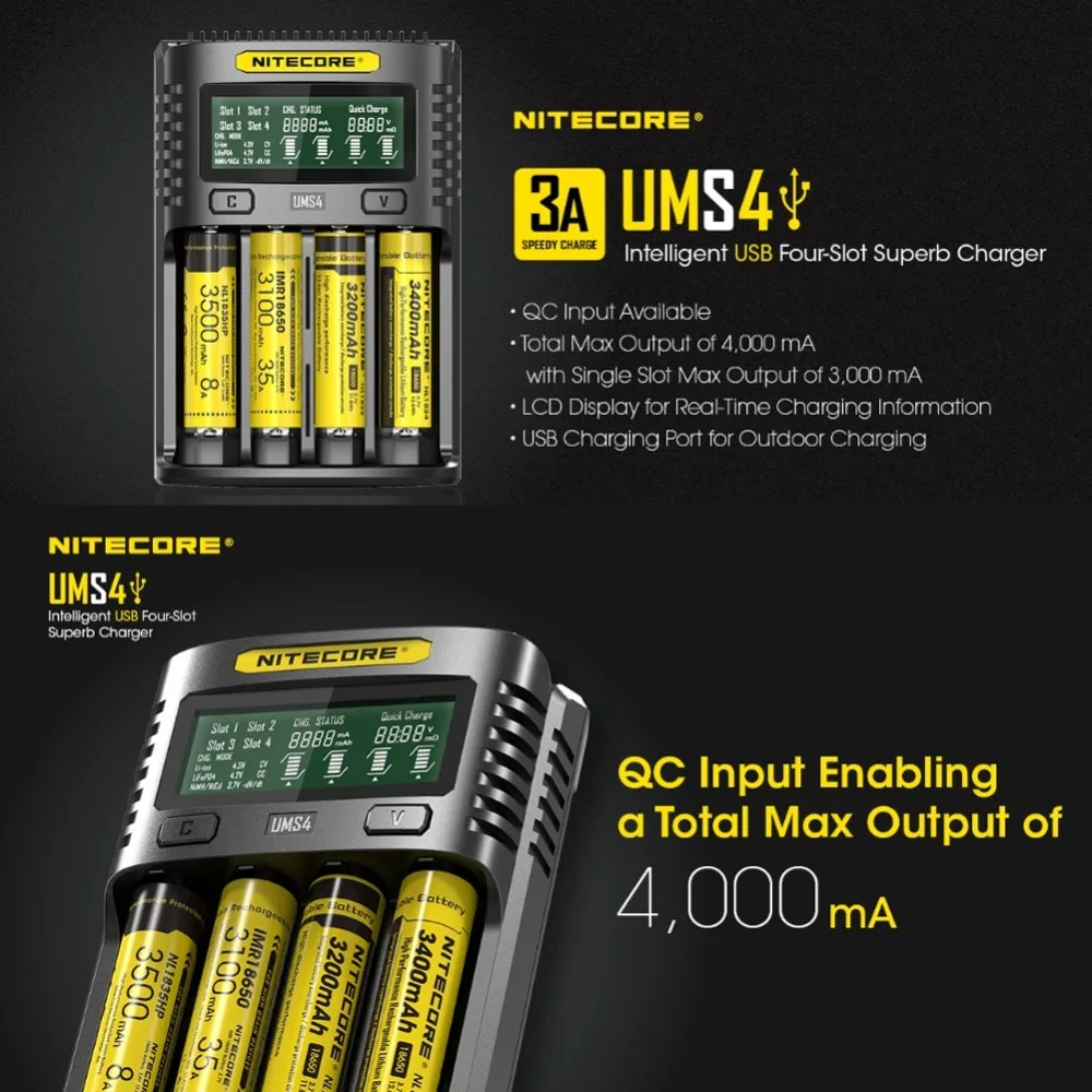 Хит NITECORE UMS4 UMS2 SC4 QC зарядное устройство интеллектуальная схема глобальная страховка литий-ионная батарея AA AAA 18650 26650 16340