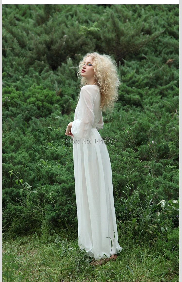 New 2015 Sexy Women Long Sleeve White Chiffon BOHO MAXI Dress Party Beach Prom V neck Lantern Solid Dresses Hot | Женская одежда