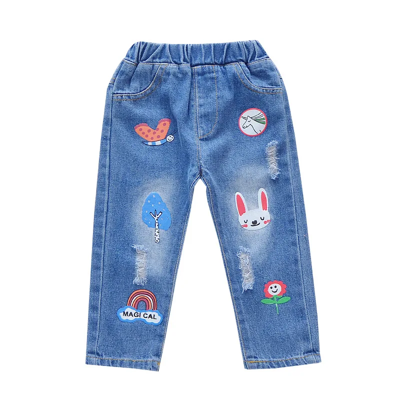 Джинсы для девочек весенние новые детские джинсовые штаны с рисунком Детские