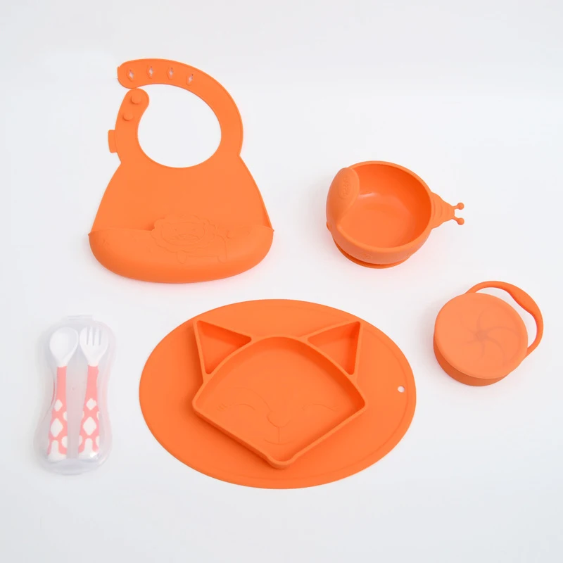 orange 6 шт./компл. Детские Силиконовые столовые приборы для кормления, набор для младенцев, антипереливающийся тренировочный обеденный поднос, миска для детей, посуда для еды - Цвет: orange