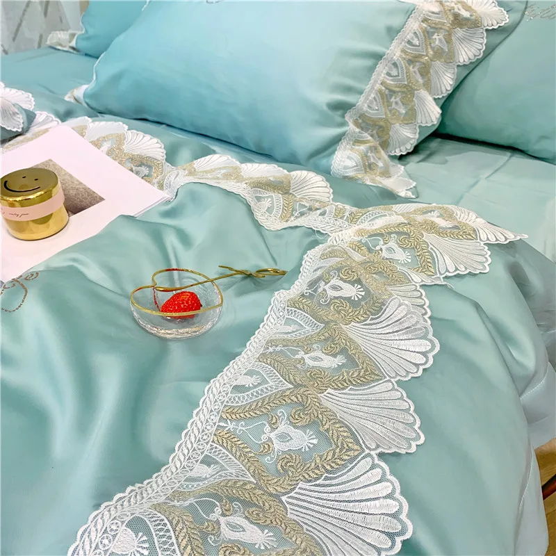 Luxury Green Pink Blue Gray 100S Tencel Silk Princess Girl Bedding Set Lace Queen King Size Duvet Cover Bed Sheet Pillowcases | Дом и сад