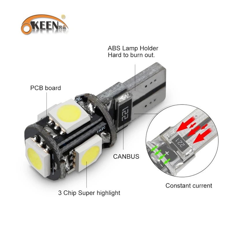 OKEEN 2 шт. T10 Canbus Белый 5smd 5050 светодиодный Автомобильный свет W5w 194 168 лампочки ошибки