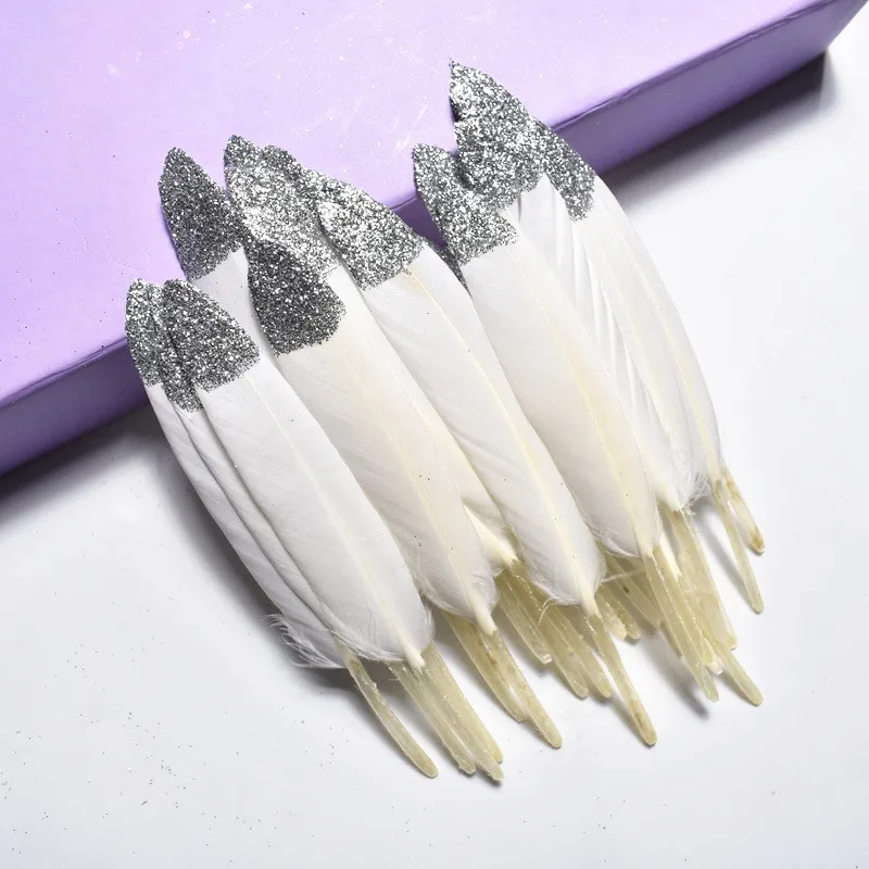 White (Silver) 20 шт/партия Окрашенные золотые пудры окунутые гусиные перья для поделок 10-15 см/4-6 дюймов перо фазана для изготовления ювелирных изделий - Цвет: White (Silver)