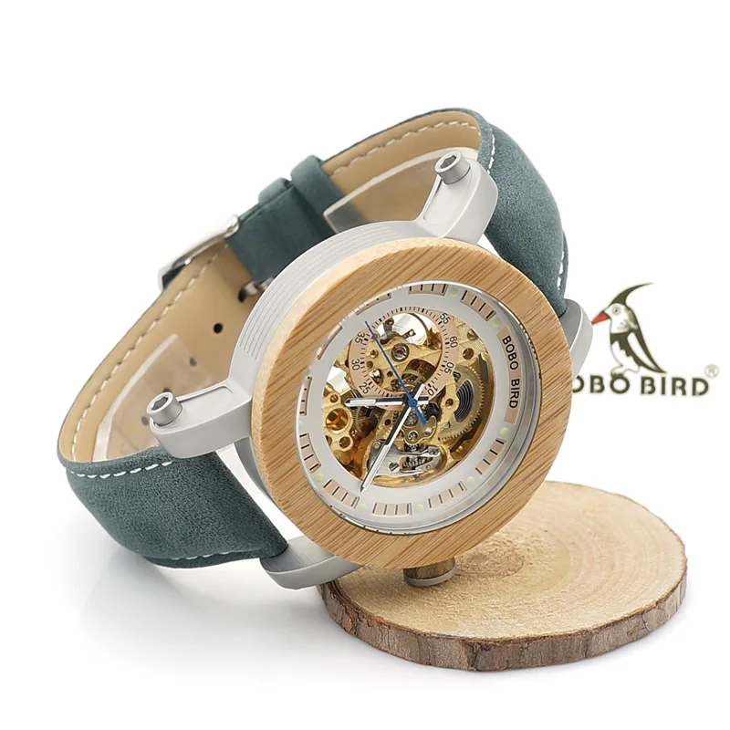 Светящиеся механические деревянные часы BOBO BIRD L-K13 с золотым циферблатом и темно-синим ремешком, мужские роскошные бамбуковые часы с кольцом в деревянной коробке