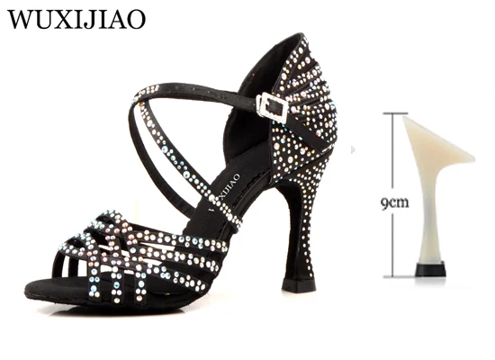 Black heel 9cm WUXIJIAO/женские вечерние туфли для сальсы и бальных танцев; туфли для латинских танцев; большие и маленькие стразы; блестящая кожа; черный атлас; Каблук 9 см - Цвет: Black heel 9cm