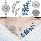 Водостойкая модная временная татуировка для женщин, нагрудная рука, искусство, перо, искусство, синяя бабочка, тату для макияжа для девочек, черная хна, Флора