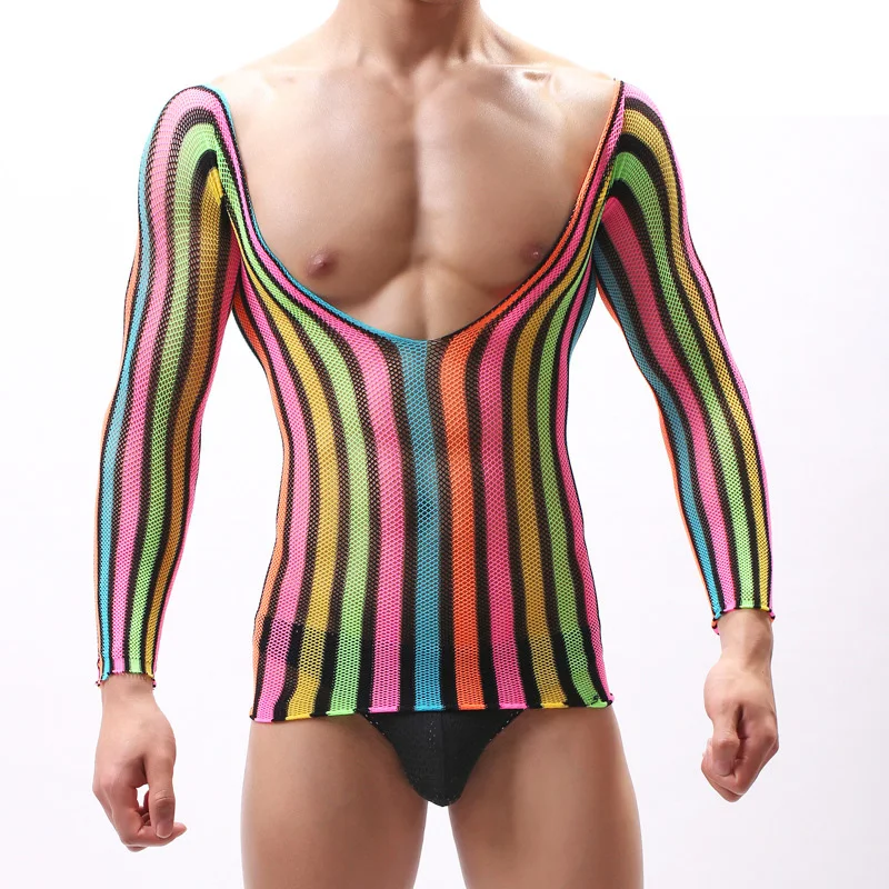 

Shirt Passionate Rainbow Costume Sleeve Sexy Male's Deep V Low Cut Bodystocking lingerie Top Man Cross Dressing Sexy Fetish Hot