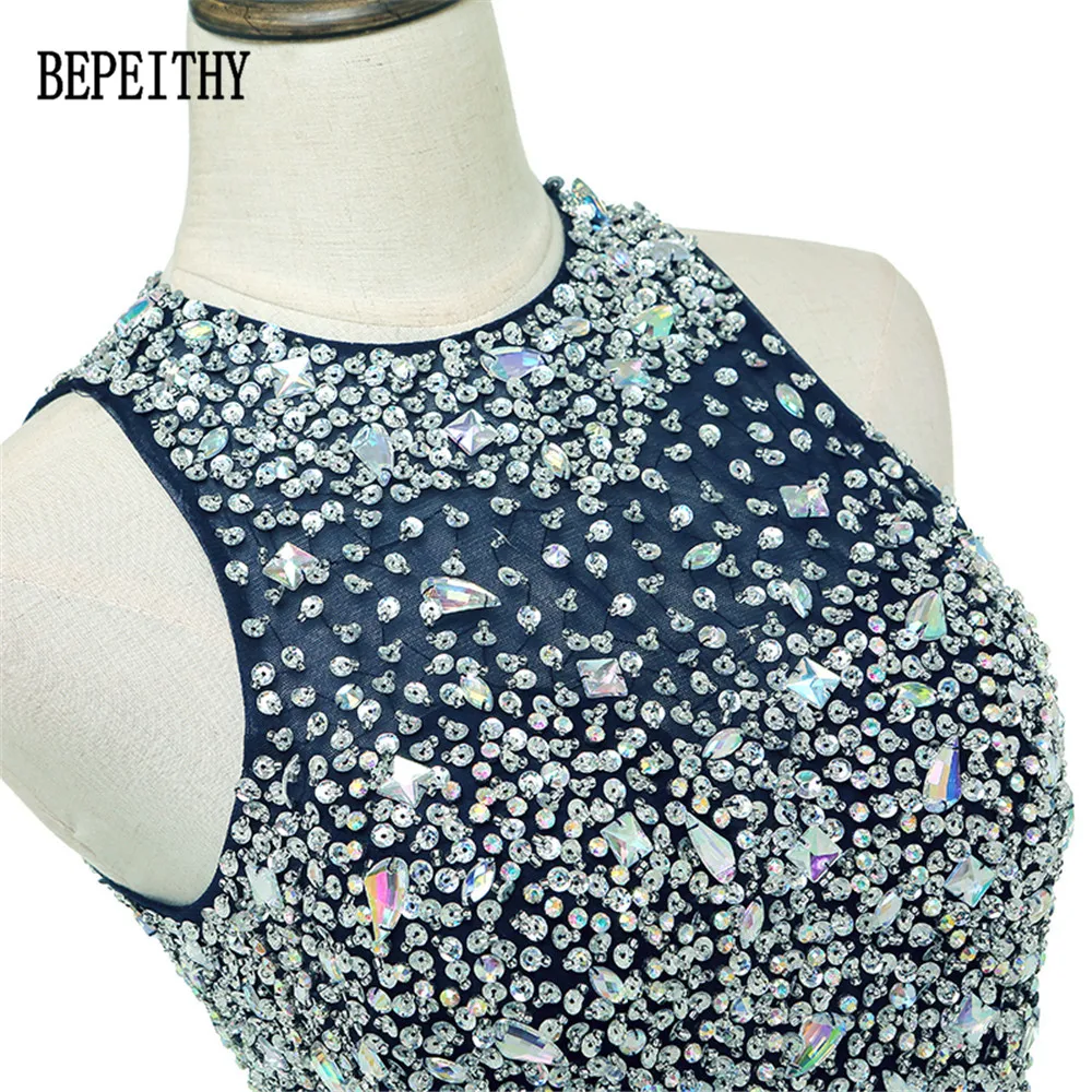 BEPEITHY Новое поступление; Robe De Soiree шифоновое платье с О-образным вырезом длинное вечернее платье вечерние изящный, темно-синий Бусины винтажное вечернее платье