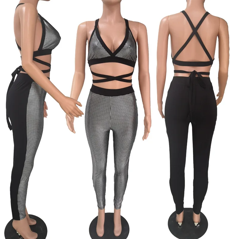 

Sequin Halter Strapless Bandage Bra Vest Crop Top Witn Leggings Pants Sexy Club Patry Women Suits Piece Of Women Suits