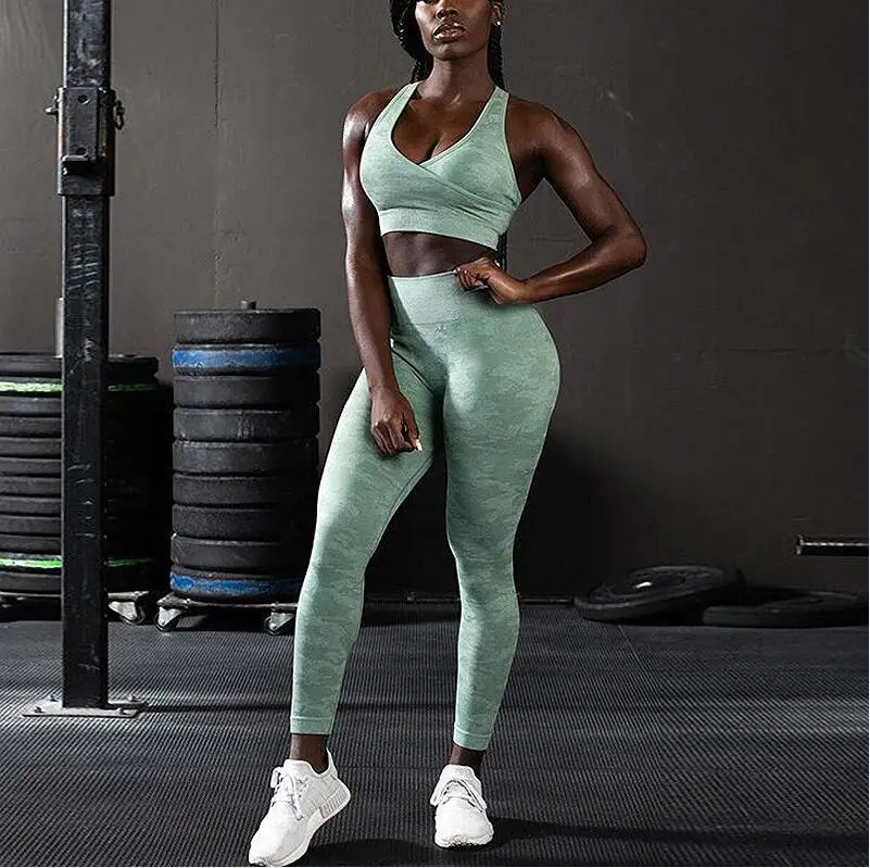 green set Спортивный костюм для женщин, бесшовный комплект для йоги, камуфляжные спортивные штаны с высокой талией, леггинсы+ спортивный бюстгальтер, мягкая попа, спортивная одежда, тренировки - Цвет: green set