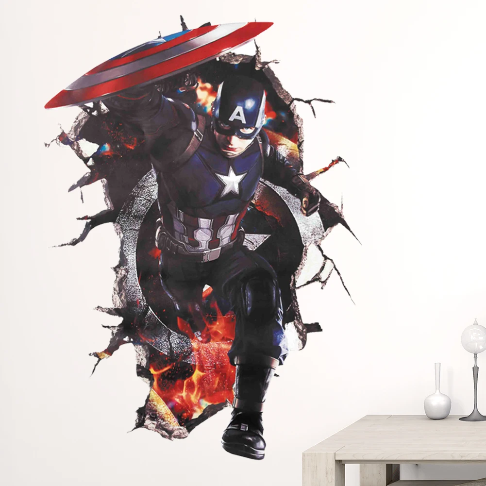

The Captain America Avengers Superheroes 3D Through Wall Stickers for Kids Boys Room Decoration Poster Wallpaper