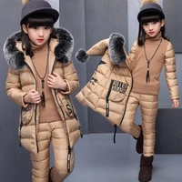 girl clothing sets for russia winter hooded warm vest jacket warm top cotton pants 3 pieces clothes cotton coat with fur hood