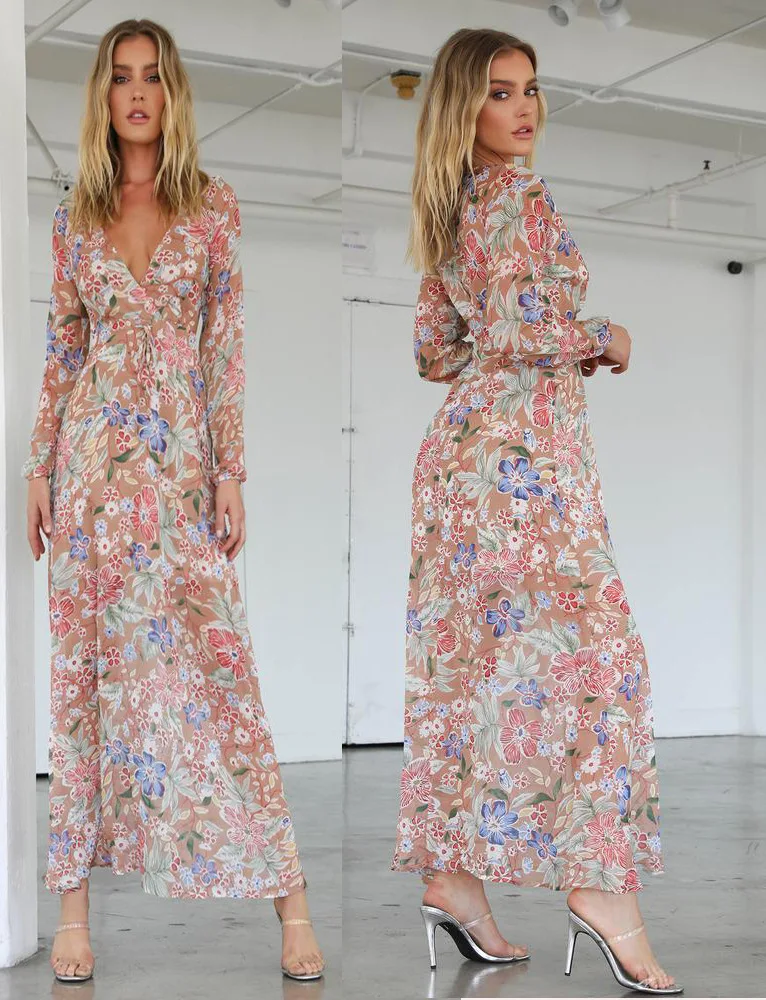 Сексуальное богемное пляжное платье с длинными рукавами и цветочным принтом