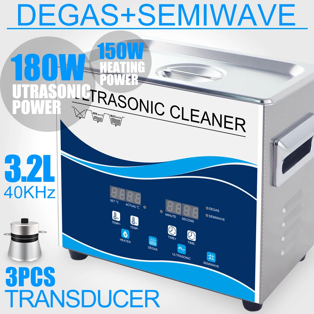 

Ultrasonic Cleaner 180W 3.2L Stainless Bath Heater Degas Ultrasound Washer for Earring Jewelry Circuit Board Piston Lab Cleaning
