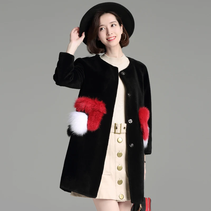 Женское зимнее пальто из натурального меха Черное длинное шерстяное с длинными