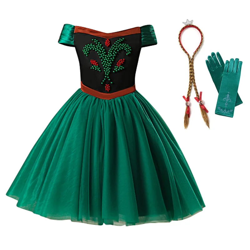 Short Dress Set1 Платье принцессы Анны для девочек; детский маскарадный костюм Анны и Эльзы без рукавов с бисером; нарядное платье на Хэллоуин и День рождения; одежда - Цвет: Short Dress Set1