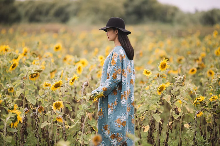 TaFiY Vestidos, женские зимние платья, Ретро стиль, Круглый ворот, цветочный принт, утолщенная шерсть, макси, длинные халаты размера плюс, шерстяное женское платье