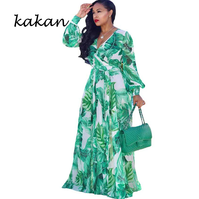 

Kakan Beach Chiffon Maxi Dress 2019 Summer New Women's Print Loose Dress Bohemian Large Size Skirt S-3XL-5XL