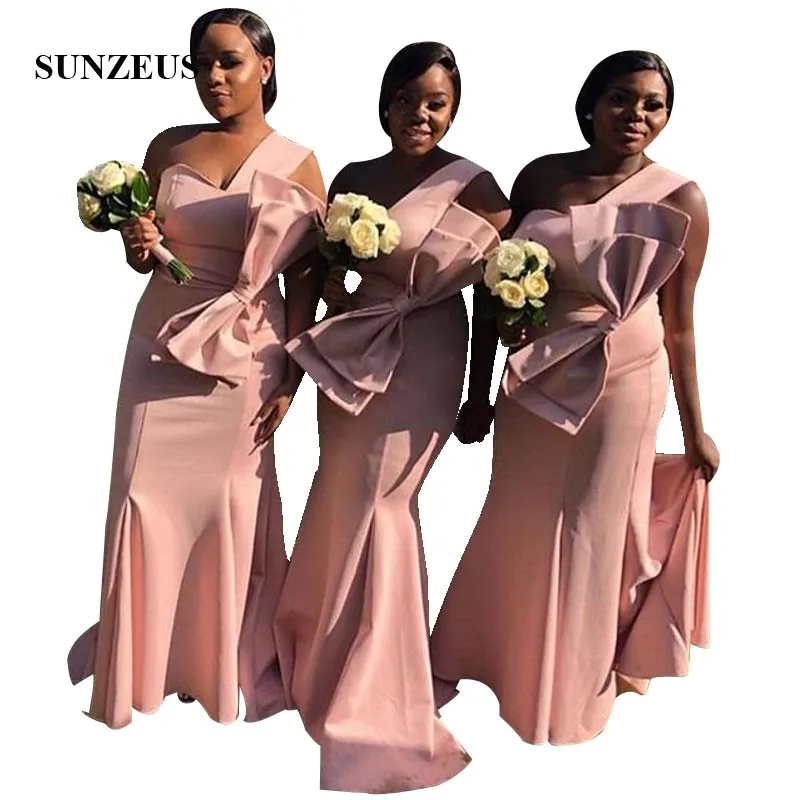 

Pink Satin African Women Bridesmaids Dress Mermaid One Shoulder Long Wedding Party Gowns With Bow