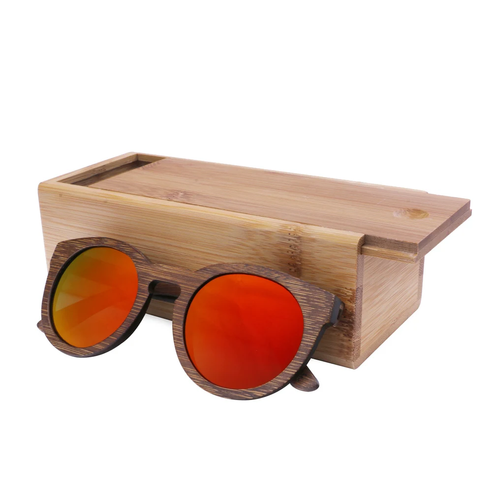 BerWer bamboo солнцезащитные очки для мужчин и женщин Поляризованные бамбуковые солнцезащитные очки деревянные круглые Oculos - Цвет линз: red lens with case