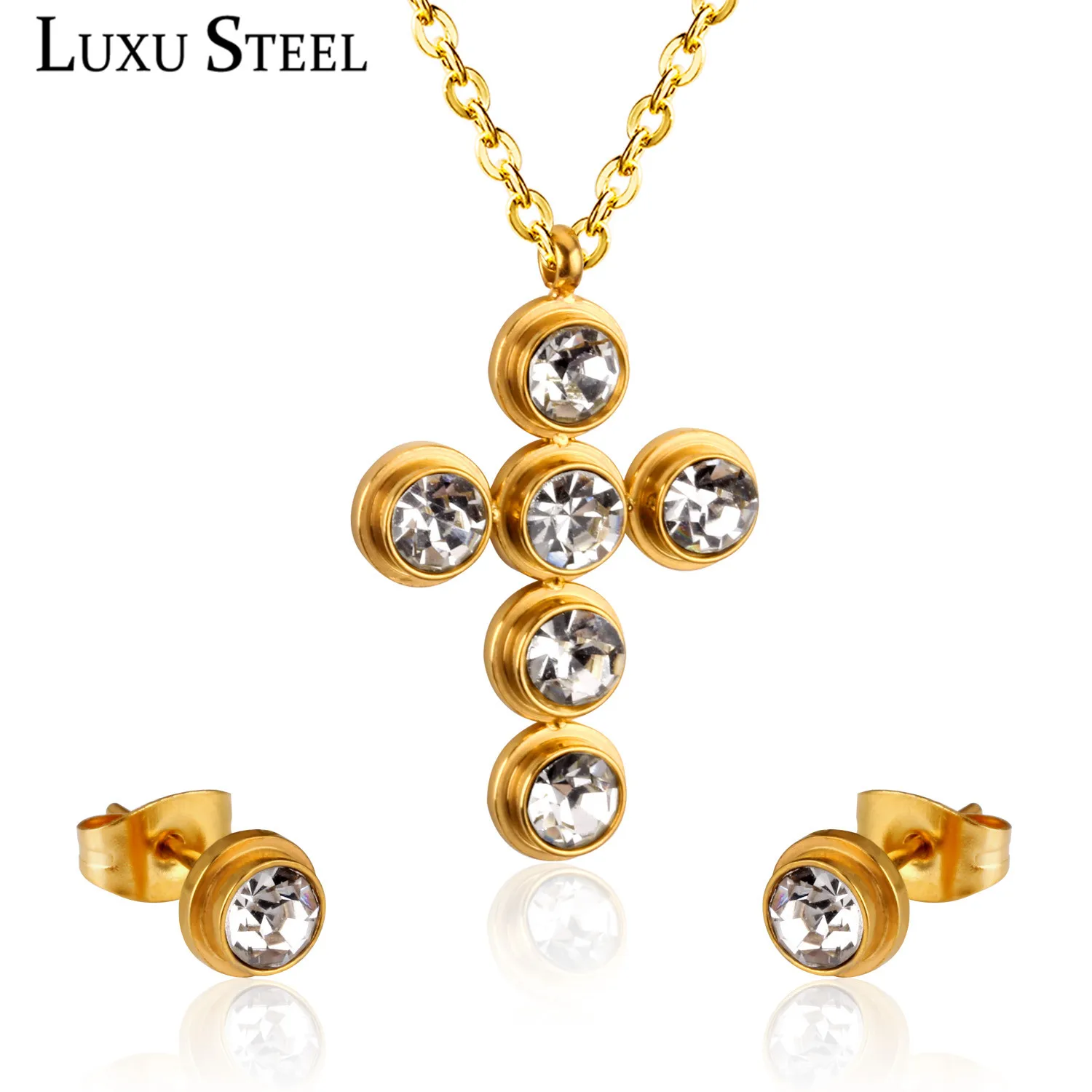 LUXUSTEEL Свадебные ювелирные изделия крест серьги наборы из нержавеющей стали CZ