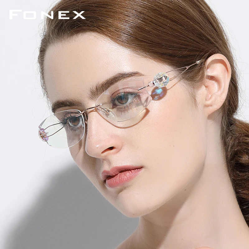 FONEX титановые очки без оправы, женские ультралегкие роскошные очки с алмазной оправой по рецепту 973