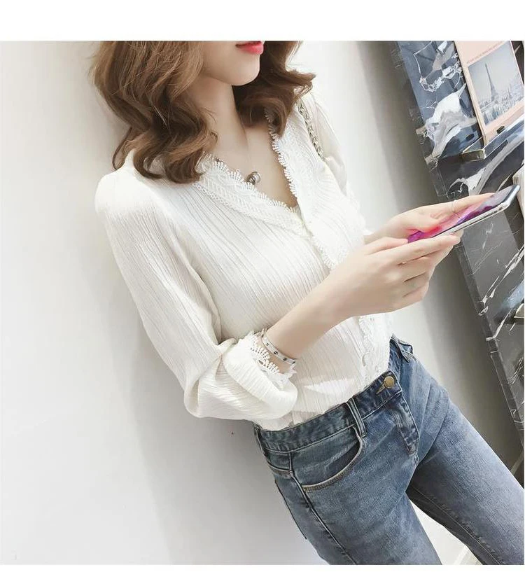 Dingaozlz blusas femininas elegante белая рубашка на осень с v-образным вырезом женские кружевные топы Лоскутная шифоновая блузка с бисером Повседневная рубашка