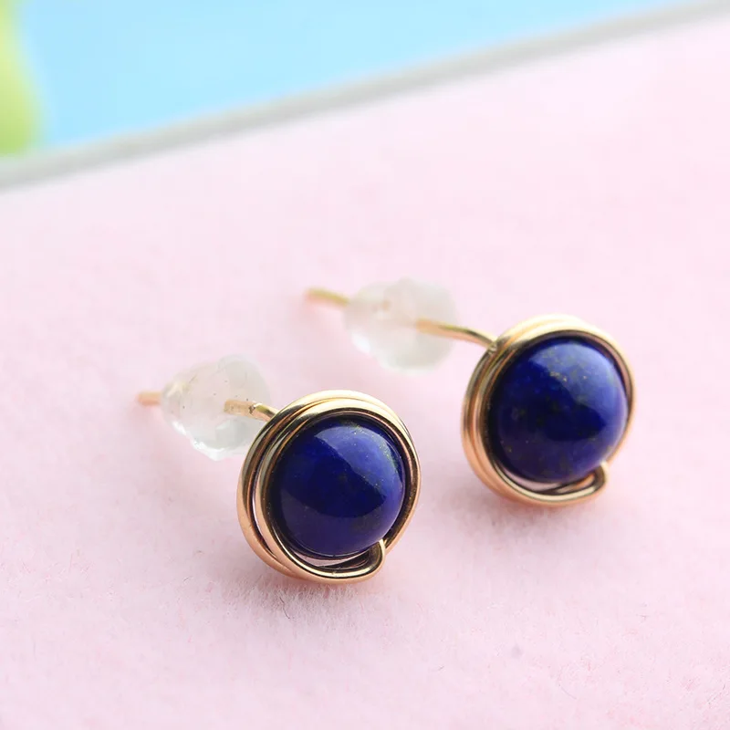 Серьги гвоздики ручной работы PINJEAS Lapis lazuli минималистичные серьги в виде