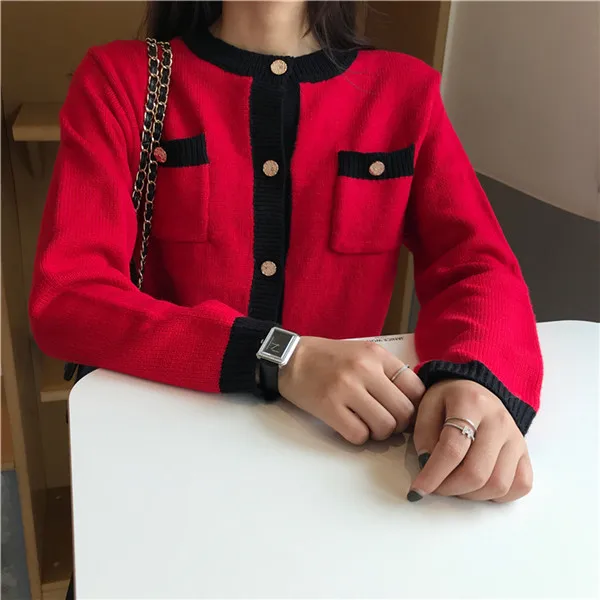 Красный RUGOD, винтажные женские кардиганы, одноцветные, с круглым вырезом, тонкие, повседневные, элегантные, женские свитера, вязанная зимняя одежда, pull hiver femme - Цвет: Красный