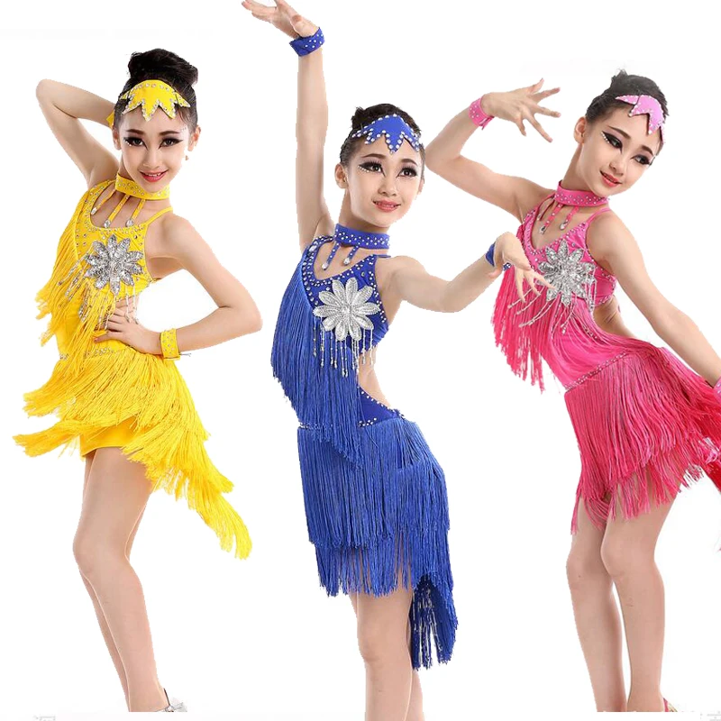 Детские платья для латинских танцев с кисточками бальные девочек костюмы сальсы